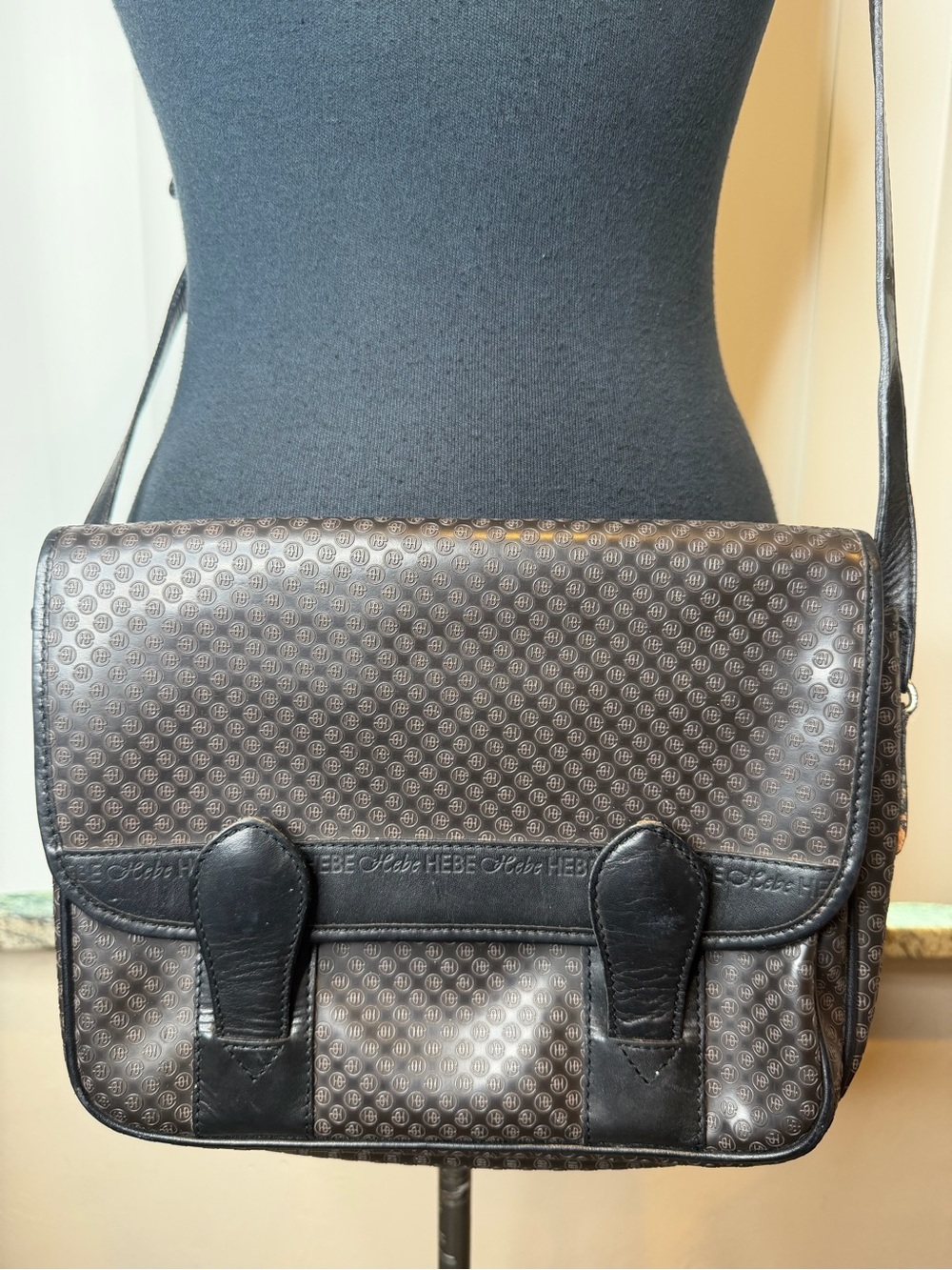 Vintage Hebe Leather Monogram Black Patterned Crossbody Messenger Bag